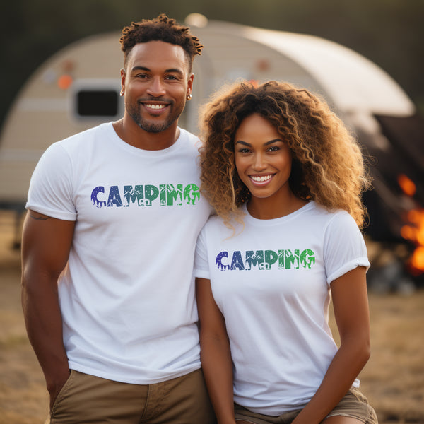 This unique tee features a captivating camping scene intricately etched inside the word "Camping," creating a stunning visual that captures the essence of outdoor adventure.